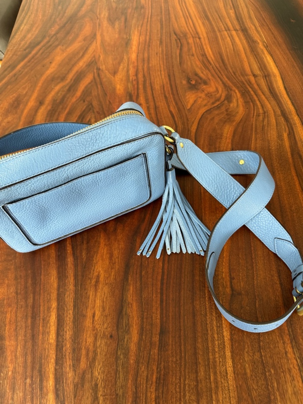 Cole Haan Light Blue Pebbled Leather Crossbody Belt Bag with Tassel